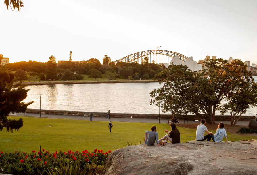 Views of the lawns at the Botanic Gardens with the Harbour Bridge in the background